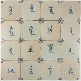 Set of c. 100 original 17th-century Delft tiles depicting Dutch daily life scenes, including musicians, fishermen, and religious figures. 