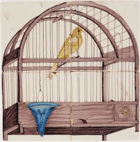 Antique Delft tile mural of a yellow canary in a birdcage, painted in manganese, Utrecht 19th century