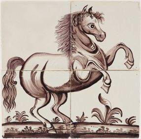 Antique Delft tile mural in manganese with a prancing horse, 19th century