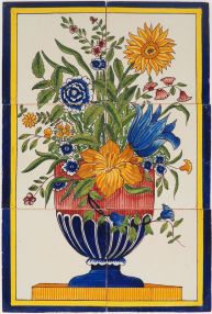 Antique Dutch tile mural with polychrome flower vase, 19th century