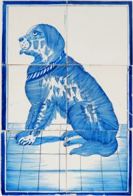 Antique Delft tile mural in blue with a dog, 19th century