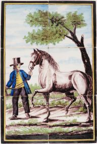 Antique Delft tile mural with a horse and farmer, 19th century