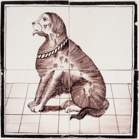 Antique Delft tile mural of a seated dog in manganese on four tiles, Harlingen 19th century