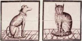 Antique Delft tile murals in manganese with a cat & dog, 19th century