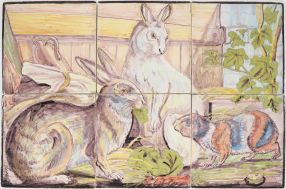 Antique Delft mural with two bunnies and a guinea pig, 19th - 20th century