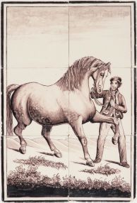 Antique Delft tile mural depicting a farmer leading a powerful workhorse, painted in manganese, Utrecht, 19th century