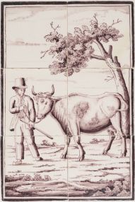 Antique Delft tile mural depicting a farmer leading a dairy cow, painted in manganese by the Utrecht pottery Agter 't Weystraat, 19th century (circa 1840 ). 
