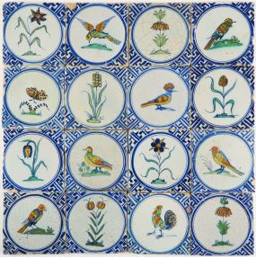 Antique Delft wall tiles with polychrome flowers, animals and insects with Wanli corner motifs, 17th century