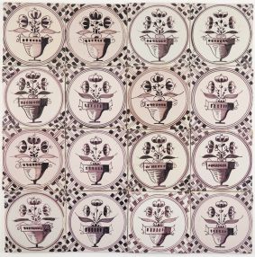 Antique Dutch Delft manganese wall tiles with Napoleon flower pots, original 18th/19th century