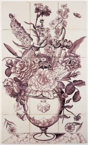 Antique Delft tile mural with a richly decorated flower vase in manganese and a cable cord border, 18th century