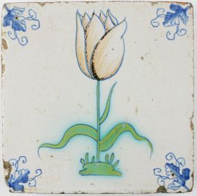Antique Dutch Delft tile with a polychrome Tulip, 17th century