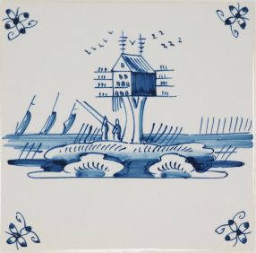 Hand-painted Delft tiles with landscapes and spider curl corner motifs, painted in blue P-10