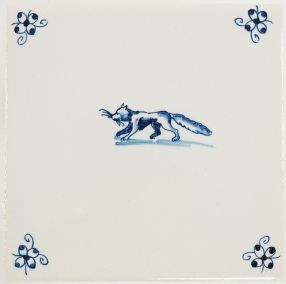 Hand-painted Delft tile sample with animals and spider corner motif, painted in blue