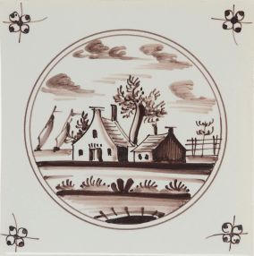 Hand-painted Delft tiles with Landscapes in circle frame sample, hand painted in blue, decorated with spider corner motifs