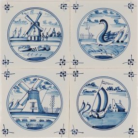 Hand-painted Delft tiles with landscapes in blue - Poarte P-11 series / 4 tiles