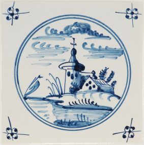 Hand-painted Delft tiles with Landscapes in circle frame sample, hand painted in blue, decorated with spider corner motifs