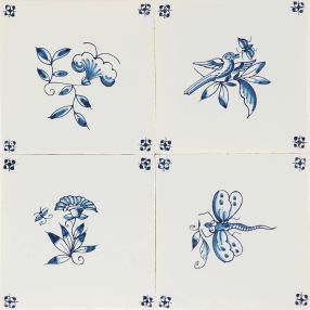 Hand-painted Delft tiles with small flowers, decorated with spider corner motifs and enhanced with pinholes - painted on Poarte E base shade