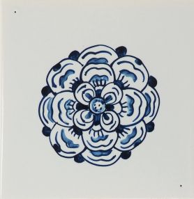 Hand-painted Delft tile sample with roses, painted in manganese and enhanced with pinholes