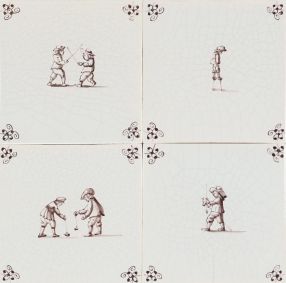 Hand-painted Delft tiles with child's play scenes in blue - Poarte P-15 series / 4 tiles