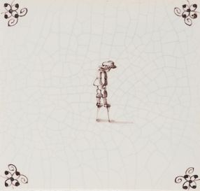 Hand-painted Delft tile sample with Child's play, decorated with spider curl corner motifs and enhanced with pinholes and a crackled finish