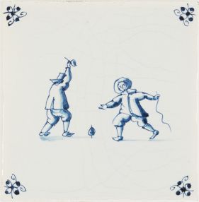 Hand-painted Delft tile sample with Child's play, decorated with spider curl corner motifs and enhanced with pinholes and a crackled finish