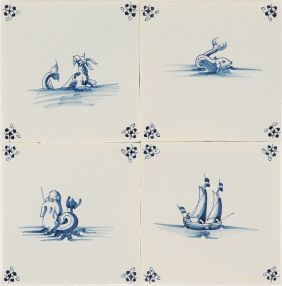Hand-painted Delft tiles with sea life in blue - Poarte P-18 series / 4 tiles