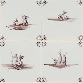 Hand-painted Delft tiles with sea life, including mermaids, mermen, sea goats, sea unicorns and more. P-18 by Poarte - all painted in manganese.
