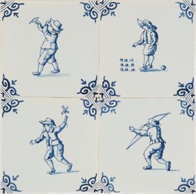 Hand-painted Delft tiles with child's play scenes in blue, decorated with ox-head corner motifs and enhanced with pinholes and a crackled finish.