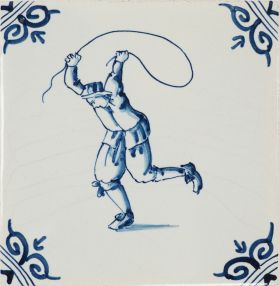 Hand-painted Delft tile sample with child's play, oc-head corner motifs, pinholes and a crackled finish