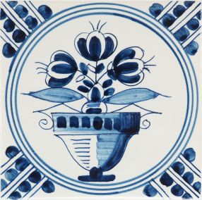 Hand-painted Delft tile sample with Birds & flowers in polychrome, decorated with fleur-de-lis corner motifs