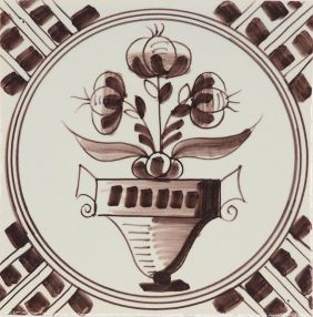 Hand-painted Delft tile sample with Flower pot and decorated with wanli corner motif - painted in blue, P-20