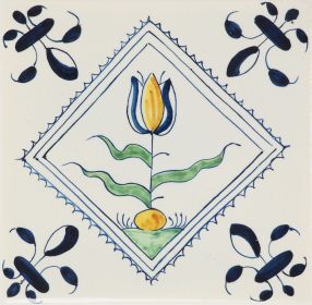 Hand-painted Delft tile sample with classic Dutch tulips in polychrome , enhanced with pinholes