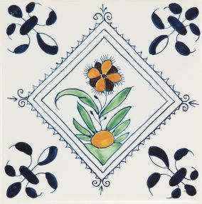 Hand-painted Delft tile sample with colourful diamond flowers, enhanced with pinholes
