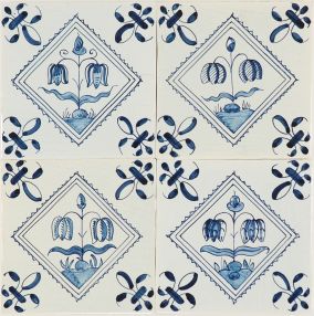 Hand-painted Delft tiles with Diamond Fritillaria in blue, enhanced with pinholes and crackled finish. 