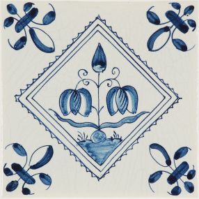 Hand-painted Delft tile sample with Fritillaria painted in blue, enhanced with pinholes and a crackled finish.