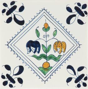 Hand-painted Delft tile sample with Fritillaria in polychrome, ehnanced with pinholes