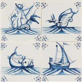 Hand-painted Delft tiles with sea creatures and ships