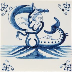 Hand-painted Delft tile sample with sea creature, painted in blue and enhanced with pinholes.