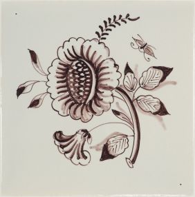 Hand-painted Delft tile sample with large flower, painted in manganese