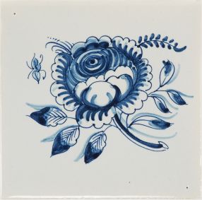 Hand-painted Delft tile smaple with Large flower, painted in blue