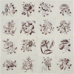 Hand-painted Delft tiles with large flowers in manganese - Poarte P-3 series / 1-16 tiles