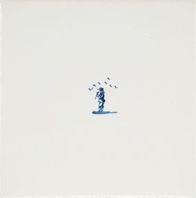 Hand-painted Delft tiles with small scenes, painted in blue 