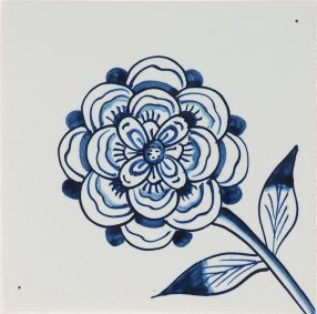 Hand-painted Delft tile sample depicting roses on a stem in blue