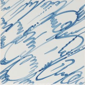 Hand-painted Delft tile sample with a marble pattern painted in blue