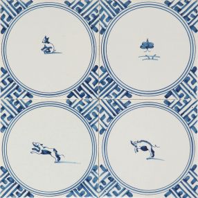 Hand-painted Delft tiles with Animals in corner frame, decorated with Wanli corner motifs and enhanced with pinholes and a crackled finish