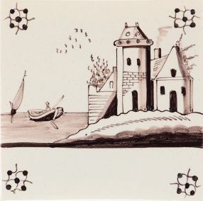 Hand-painted Delft tile sample from the P-61 series depicting landscapes painted in blue