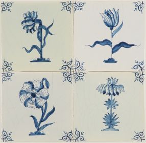 Hand-painted Delft tiles with flowers and ox-head corner motif in blue -  Poarte P-4 series - 4 tiles 