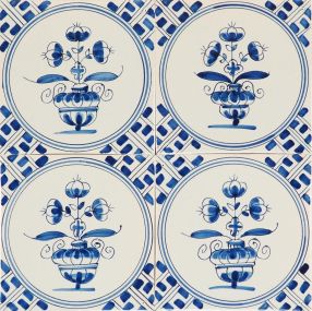 Hand-painted Delft tiles with flower pots, painted in blue and decorated with wanli corner motifs. Field of 4

