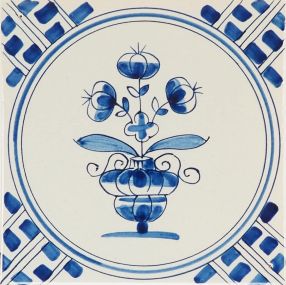 Hand-painted Delft tile sample with flower pot, painted in blue and decorated with the wanli corner motif