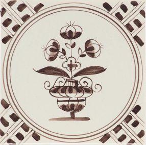 Hand-painted Delft tile sample with flower pot, painted in blue and decorated with the wanli corner motif